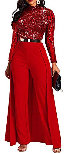 VERWIN Damen-Overall, Patchwork-Overlay, Pailletten, verziert, hohe Taille, Langarm, Rot, Large