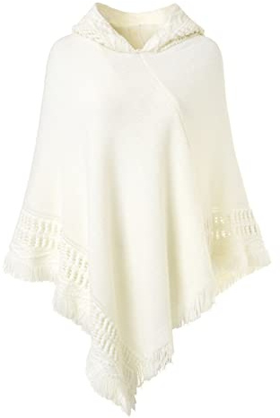 Ferand Dam virkad poncho med lugg - mångsidig cape med huva sjal wrap poncho tröja för kvinnor, Vitt, L/XL