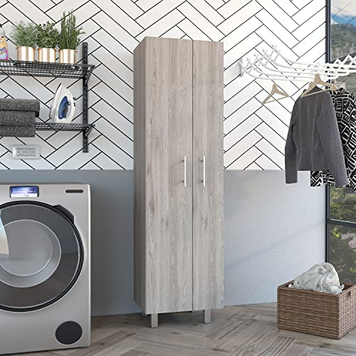 FM FURNITURE Norway Broom Closet Pantry with 5 Shelves and Double Doors, Light Gray/White