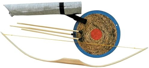 Jamso Design Kinderbogen mit Zielführungsloch + 3 Pfeile + Ritterköcher + Zielscheibe mit Stroh-Aufdruck