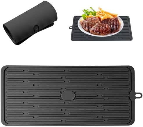 Silikon Abtropfmatte Schwarz, 20×44,5 cm Geschirr Abtropfmatte, Silikon Abtropfmatte Geschirr Küche, Hitzebeständig und Rutschfest Silikon Abtropfmatte Spüle, zum Trocknen von Geschirr & Gläsern