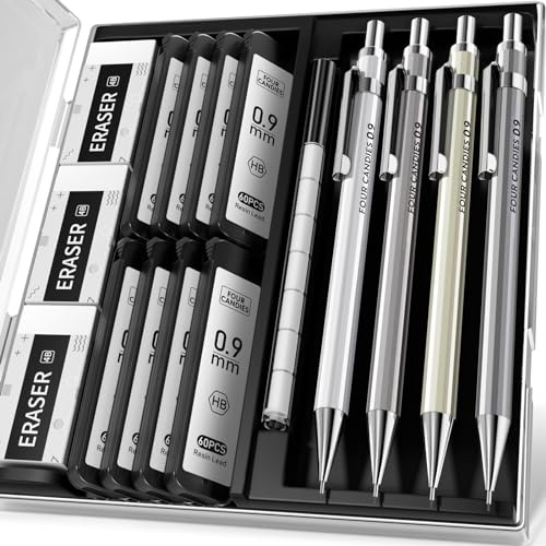 Four Candies Set di 4 portamine in metallo da 0,9 mm con 480 mine, 12 gomme in custodia, ideali per scuola, scrivere, disegnare e disegnare
