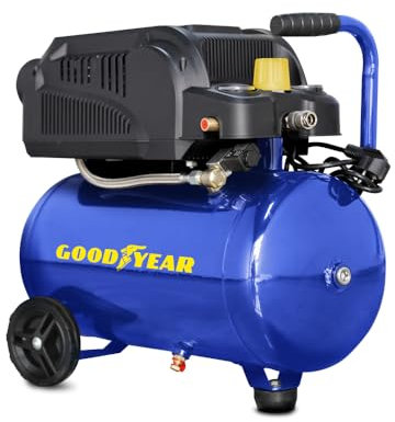 Goodyear - Compresor 24 litros Sin Aceite 220 V - 240 V. 140 litros/minuto Capacidad de Aspiración. 2.800 RPM. Presión Nominal 8 bares. Filtro Plástico Bajo Ruido. 79 dB Ruido Medio
