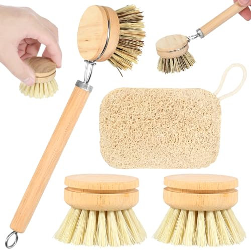 6 spazzole per stoviglie in legno, ricarica in Sisal, spazzola per stoviglie in bambù, spazzola per funghi, testa di spazzola per stoviglie, spazzola per stoviglie in bambù, setole morbide da cucina
