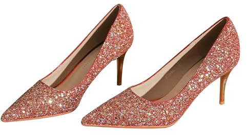 Glitter Pumps Mid Heels Comfortable Evening Shoes Stiletto High Heel Lace Toe Cap 7.5 cm Party Wedding Dress Shoes, Red 9 cm, 5 UK