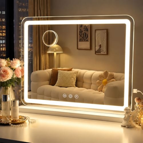 LuxeVue Espejo de tocador grande con luces, espejo de maquillaje de 23 x 19 pulgadas, espejo Hollywood con 3 modos de color, sensor táctil, espejo de zoom 15x de 3.5 pulgadas, diseño de carga USB