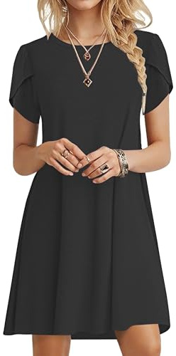 PLOKNRD Summer Dresses for Women UK Elegant Petal Short Sleeve T-Shirt Dress Crew Neck Casual Loose Swing Holiday Beach Dress with Pockets(Black,2XL)
