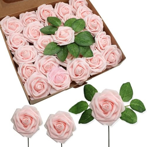 LoNinLoAn 25Pcs Artificial Roses Flowers Bouquet Box Faux Flower Silk Rose Bouquets Pink Flowers Fake Foam Roses for Wedding Centerpiece Garden Party Home Decor