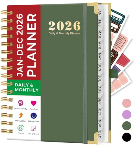 Agenda 2026, format A5, jour par page, janvier à décembre 2026, planificateur journalier et mensuel avec porte-stylo, onglets 12 mois, 4 autocollants de planificateur, poche intérieure, calendrier à