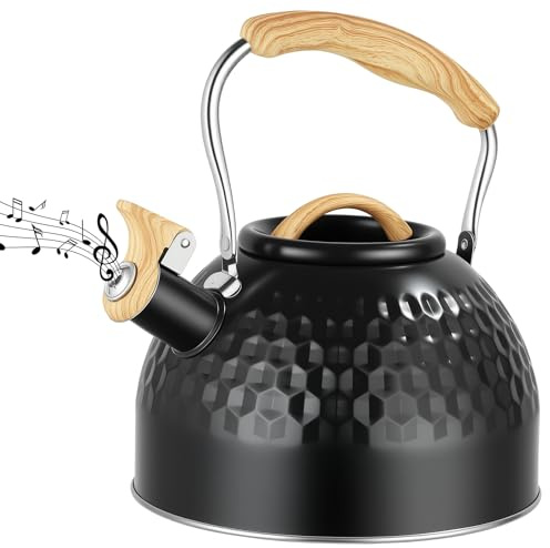 Stove Top Kettle, 3L Stainless Steel Whistling Kettle for Gas Hob, Teakettle with Wood Grain Handle, Hammer Pattern Teapot for Induction, Electric, Gas, Camping Accessories & House Warming Gifts