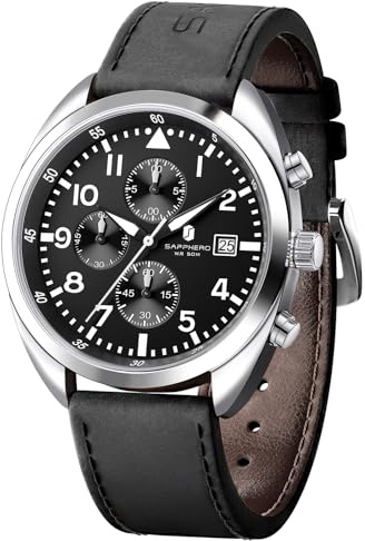 SAPPHERO Montre pour Homme : Bracelet en Cuir, Montre Classique pour Homme d'affaires, Cadran à Chiffres Arabes, Excellente lisibilité — Montre à Quartz élégante avec Fonction chronographe