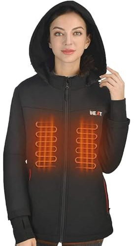 Women's Heated Jacket, 4 Heat Zones Heated Coat, Rechargeable Electric Heating Jacket with Battery for Outdoor Camping Hiking Hunting (UK, Alpha, L, Regular, Regular, Black)