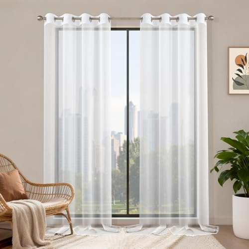 Runyéla Cortinas Visillos Blancos Translúcidos con Ojales 2 Piezas 140 x 245 cm Cortas para Dormitorio, Salón y Cocina Blanco