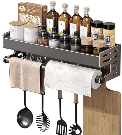 RETSAMV Mensola Spezie Da Parete in Alluminio 13.5cm Larghezza Porta Spezie 30/40/50cm Mensola Cucina Senza Fori Con 5 Ganci E Barra Per Organizzazione (40cm)
