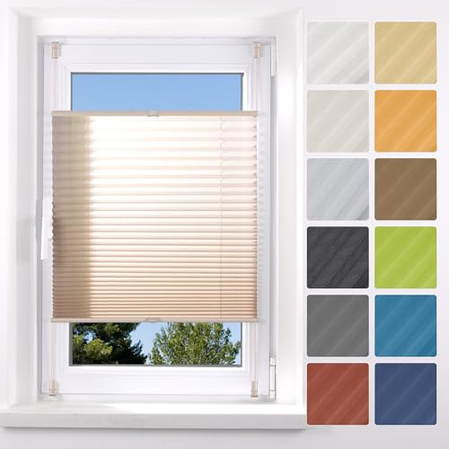 Grandekor Plissee Klemmfix ohne Bohren Faltrollo Jalousie (B50 x H120 cm) Beige | Alustange, Zubehör & Stoff farblich einheitlich – Sicht- & Sonnenschutz Rollos für Fenster & Tür