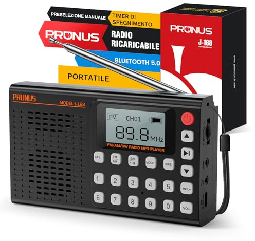 PRUNUS J-168 Mini Radio Portatile FM/AM/SW, Radiolina Portatile Digitale Bluetooth Ricaricabile con Preset, Timer Spegnimento, Jack Cuffie, Supporto USB/AUX/TF Card, Casa e Viaggio.