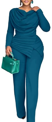 CHICME Women's Fall Jumpsuit Dressy Cowl Neck Asymmetrical Hem Overall Zipper Back Wide Leg Jumpsuit-tbl-L