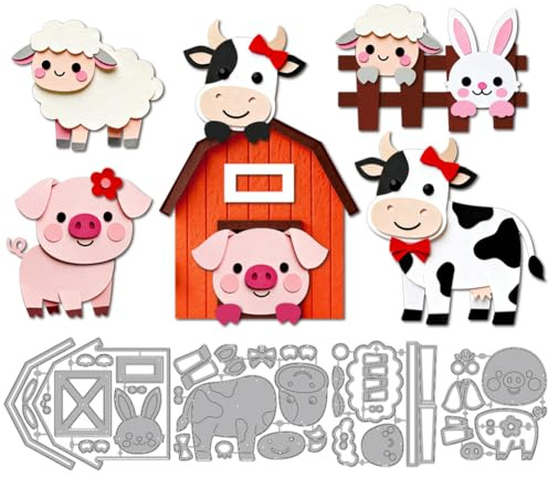 MAYJOYDIY Fustelle in metallo a forma di animali da fattoria, conigli, mucche, maiali, agnelli, goffratura, stencil da taglio in acciaio al carbonio, stencil per la creazione di biglietti, fai da te