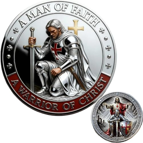 Sacred Guardian Knight Templar Coin – Dual-Sided Challenge Coin with Red Cross Shield & Sword Design – Religious Protector Medallion & Collectible Gift for Veterans, Pastors & Believers (1pc)