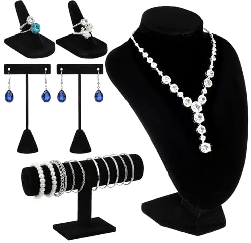 Douaowoc 6 Pcs Velvet Jewelry Display Set- Velvet Necklace Bust Holder Mannequin Bust & T-Bar 2 T Shape Earing Stand 2 Ring Finger Jewelry Holder Bracelet Organizer