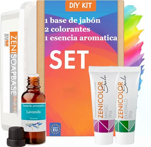 KIT DIY. Base de jabón de glicerina sin sls 1 kg + 2 colorantes + 1 esencia aromatica (Kit con base de jabón transparente)