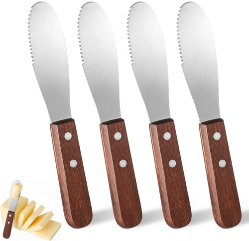 4 Pack Butter Spreader Knife Stainless Steel Cream Cheese Spreader with Wood Handle Butter Knife with Holes for Butters Cheese, Cream, Sandwich, and Condiment Serving
