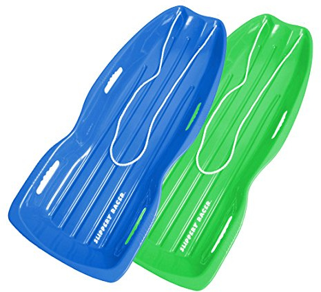 Slippery Racer Downhill Xtreme Flexible Adults and Kids Plastic Toboggan Snow Sled for up to 2 Riders with Pull Rope and Handles. (Blue/Green, 2)