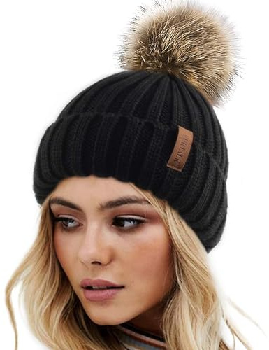 FURTALK Womens Winter Knitted Beanie Hat with Faux Fur Pom Poms Warm Knit Skull Cap for Women Black