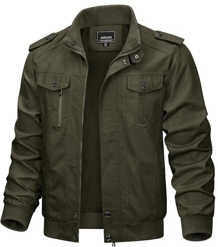 TACVASEN Men's Military Lightweight Jacket Army Cargo Windbreaker Zip Front Stand Collar Cotton Jackets with Multi Pockets Army Green L