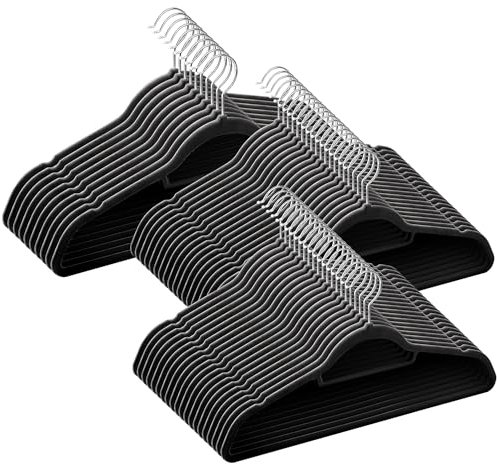GRANDMA SHARK Beflockungsbügel aus Samt, Platzsparend Kleiderbügel mit Zwei rutschfeste Kerben und Krawattenbügel 360° Haken für Hosenträger, Mäntel, Jacken und Anzüge (Schwarz, 20)