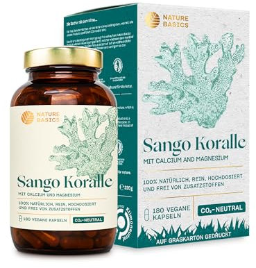 Nature Basics Sango Meereskoralle Kapseln - 180 Kapseln - Sango Koralle Kapseln mit 660mg Kalzium & 330mg Magnesium pro Tagesdosis - Optimales 2:1 Verhältnis - Magnesium Calcium hochdosiert