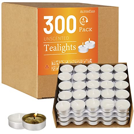 AlterEgo Unscented Tea Lights - 300 Pack Tealight Candles - 4+ Hour Burn Time - Clean-Burning White Palm Smokeless Votive Tealights Candles for Home, Shabbat & Anniversaries (300Packing)
