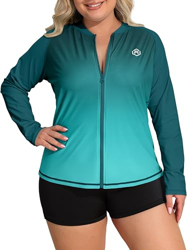 ATTRACO Womens Long Sleeve Rash Guard Plus Size Swimwear Gradient Green 1X
