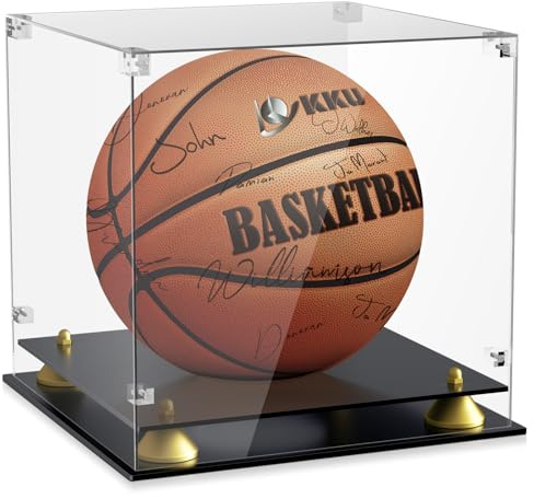 KKU Acrylic Basketball Display Case, Clear Full Size Basketball Case Display, Double Tier Black Basketball Display Stand for Autographed Basketball Display (Watch The Video to Assemble)