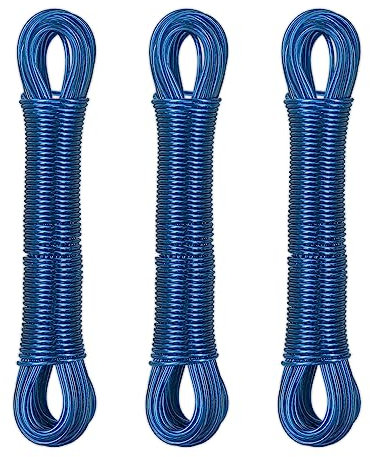 Relaxdays Wäscheleine 3er Set, 20m, Wäscheseil mit Stahlkern, PVC, extra stark, drinnen & draußen, Wäscheschnur, blau