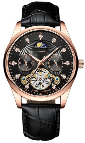 RORIOS Herr automatisk Tourbillon klocka diamant skelettklocka vattentät självuppdragande armbandsur lysande månfas klocka läderrem, Svart roséguld a, L