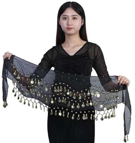 SLEEKEE 1-Teiliges Schwarzes Bauchtanz-Kostüm, 98-Münzen-Kette, Bauchtänzerin, Dekoratives Kostüm, Fransen, Indischer Bauchtanz-Hüftrock Für Damen, Tanz-Hüfttanz-Kostüm