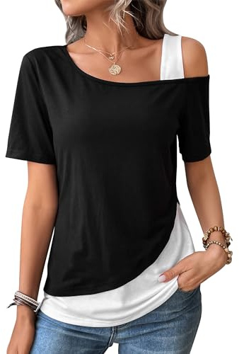 ZASFOU Donna Magliette Top Estive Camicia Elegante Manica Corta T Shirt Spalle Scoperte Tunica Blusa Camicetta