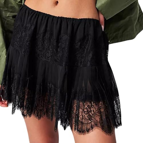 WangsCanis Women Y2K Lace Mini Skirt with Ruffle, Pleated Half Slip - Midi Rise, Layered Flowy Short Skirt - Streetwear (Black, S)