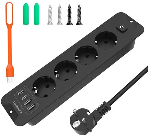 Versenkbare Steckdose PD 20W,4 Fach Steckdosenleiste Einbausteckdose mit 2 USB C,4000W 16A Einbau Tischsteckdose,Mehrfachsteckdose Steckerleiste Verteilersteckdose -2M,1,5mm ² Kabel Schwarz