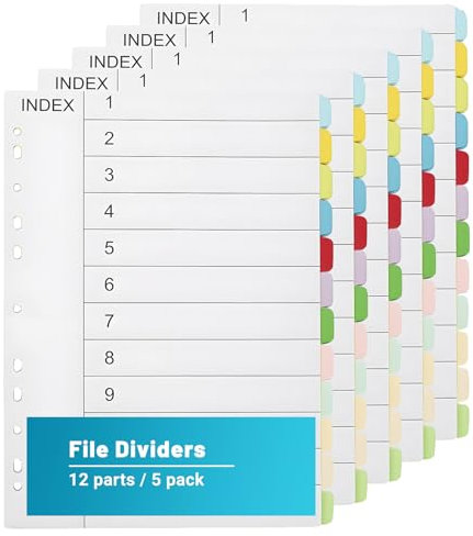 Trennblätter für Ordner A4, 12-teiliges, 5er Set, A4 Ordner Trennblätter, Register 11 Löcher Gestanzt mit Digitalen Trenn-Blätter für Organisation im Büro
