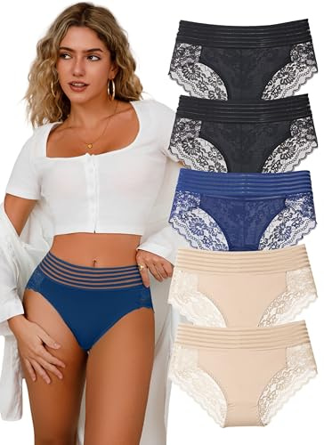 Hialagion Bragas para Mujer con Encaje,Braguita con Cintura Alta,Sin Costuras,Mujeres Bikini con Cinturón Elástico Tallas Grandes 5 UDS 1XL