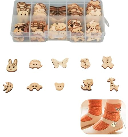 100 botones de madera, animales, surtidos, forma de botones de madera, con dos agujeros, ideal para costura, manualidades, álbumes de recortes, bricolaje, caja de almacenamiento de plástico incluida