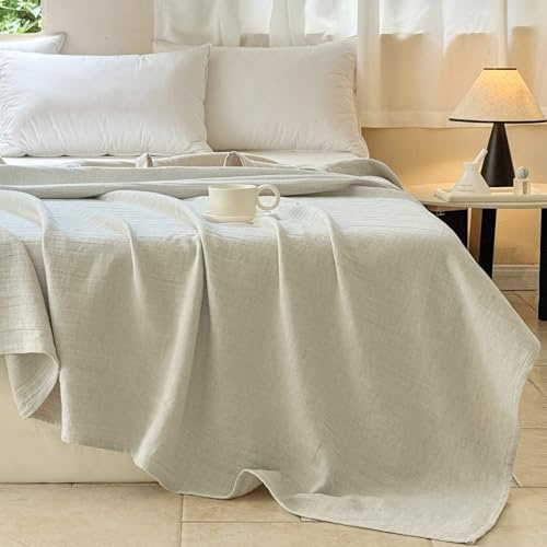 Simple&Opulence Linen Cotton Blanket with Double Layered Folded Edge for Couch/Bed/Sofa/Gift, Natural Flax Solid Color Soft Breathable Cozy Farmhouse Home Décor - Linen, 104x90