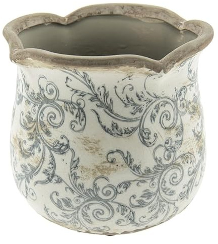 Ceramic Plant Pots Vintage Style Indoor Flower Pots Distressed Effect Blue Baroque Print Cachepot Houseplant Cachepot Planter Windowsill Table Centrepiece Decoration (Small)