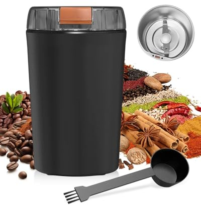 Powerful Electric Coffee Grinder, Coffee Bean Grinder for Espresso Beans, Nuts & Grains, Compact Design, 80g Basin, One-Touch Safety & Easy Use 304 Stainless Steel Nut Grinder with Cleaning Brush