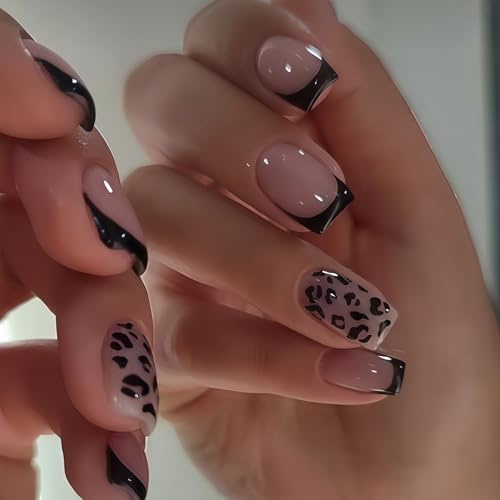 Auroriel 24 pièces ongles carrés courts pressés imprimé léopard noir bord français noir brillant réutilisables faux ongles couverture complète facile à appliquer