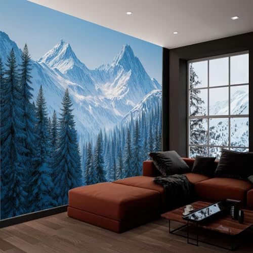 Paisaje Natural Papel Pintado Efecto 3D 200 x 140 cm, Papel tapiz fotográfico Bosque Escena Nevada Montañas Árboles Fotomurales Pared Tejido No Tejido Decoración De Pared Sala Cuarto Oficina Salón