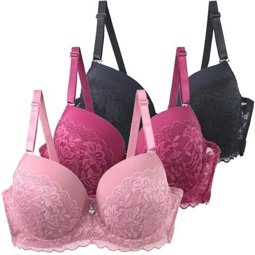 Lot de 3 Soutiens Gorge Classiques Femme Grande Taille Soutien gorgé Dentelle Soutien Gorge Push Up Fin Armature Support Haut Anti Brassière Ptose Confort Quotidien Brassiere Lingerie de Nuit Pour