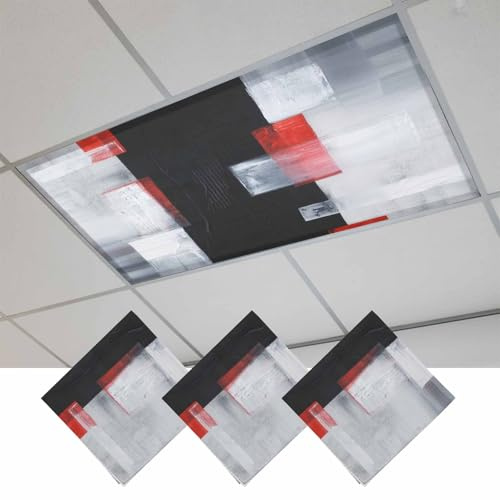 Fluorescent Light Covers, Red Black Modern Magnetic Light Covers for Ceiling Lights, Abstract Oil Painting Geometric Artwork Fluorescent Ceiling Shade Filters for Classroom Bedroom Office 4x2Ft x 3PCS